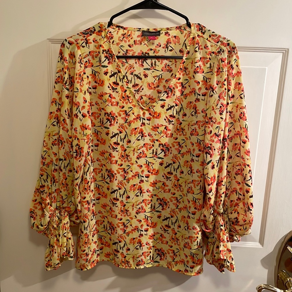 Yellow Floral balloon sleeve Vince Caputo silky top